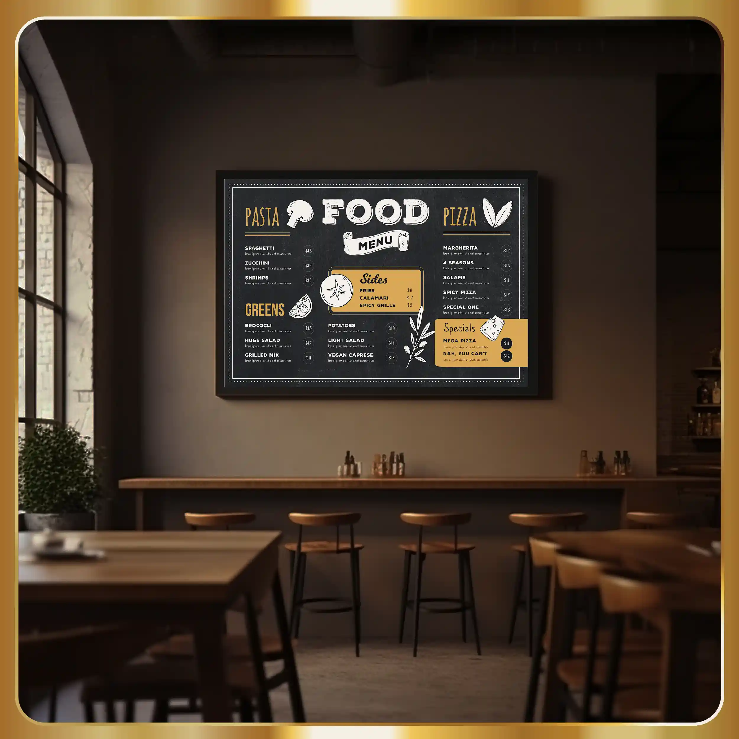 A coffee shop with a menu on the wall.